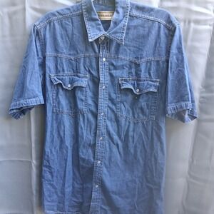 Bit & Bridle Denim Women's Large‎ Shirt Short Sleeve Pearl Snap Western Pockets